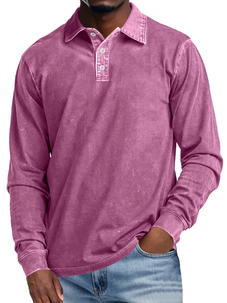 Vince | Men's Retro Lapel Button Casual Solid Colour Long Sleeve Polo Shirt
