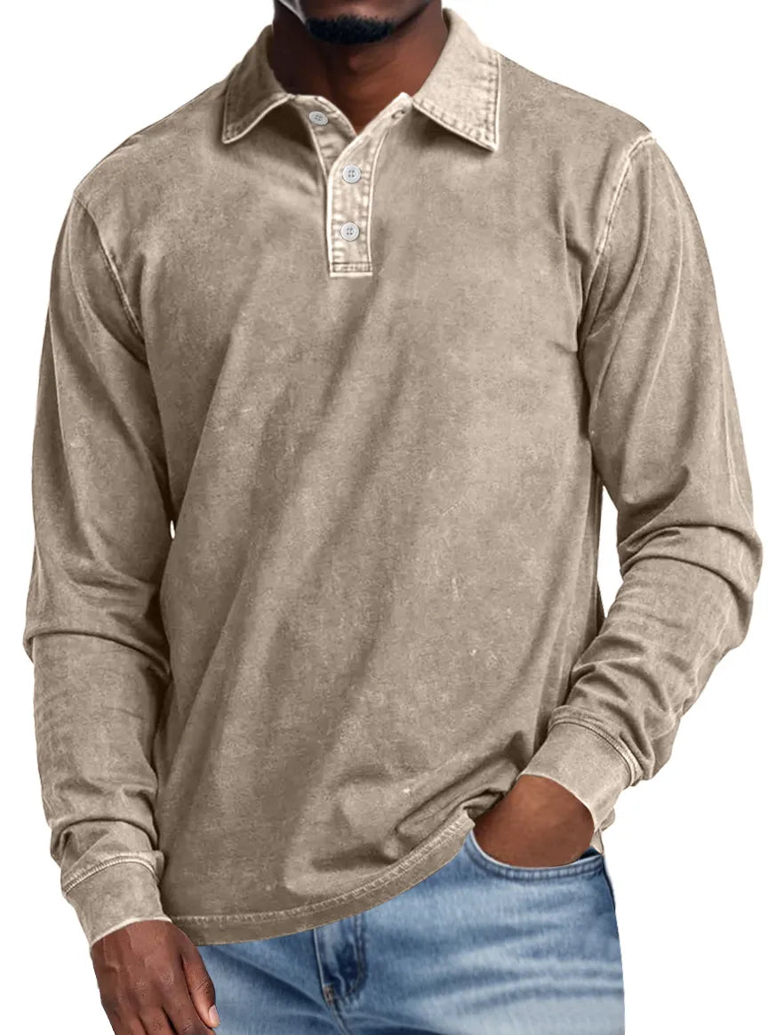 Vince | Men's Retro Lapel Button Casual Solid Colour Long Sleeve Polo Shirt