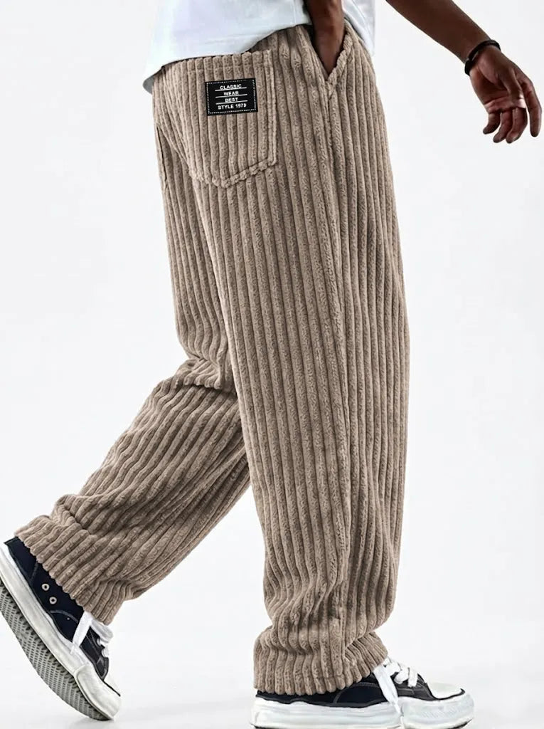 Arthur | Vintage Corduroy Textured Comfort Wide Striped Pants with Embroidered Minimalist Labels