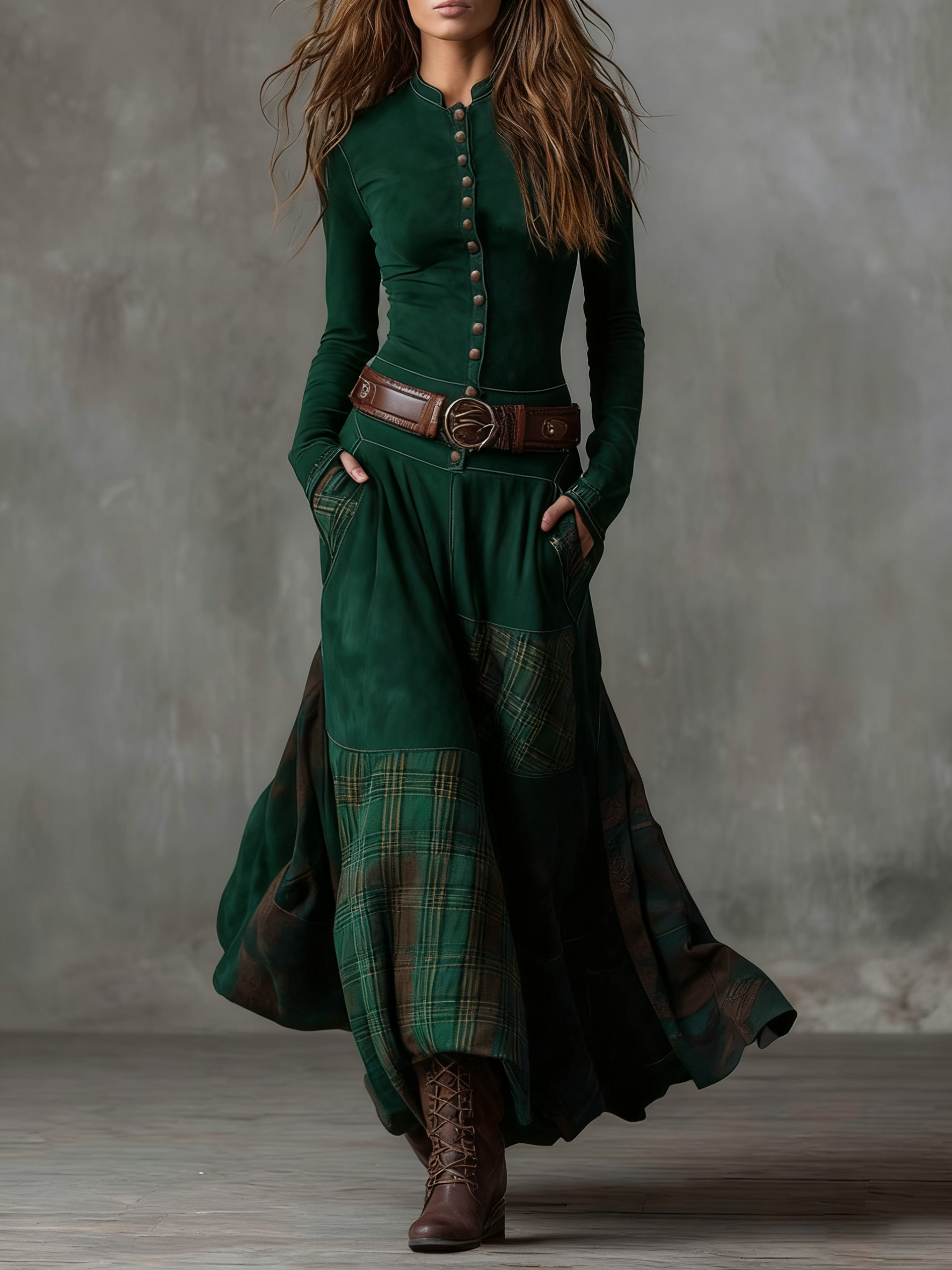 Leonora | Long Vintage Dress from Blue Checked Suede (including Belt)