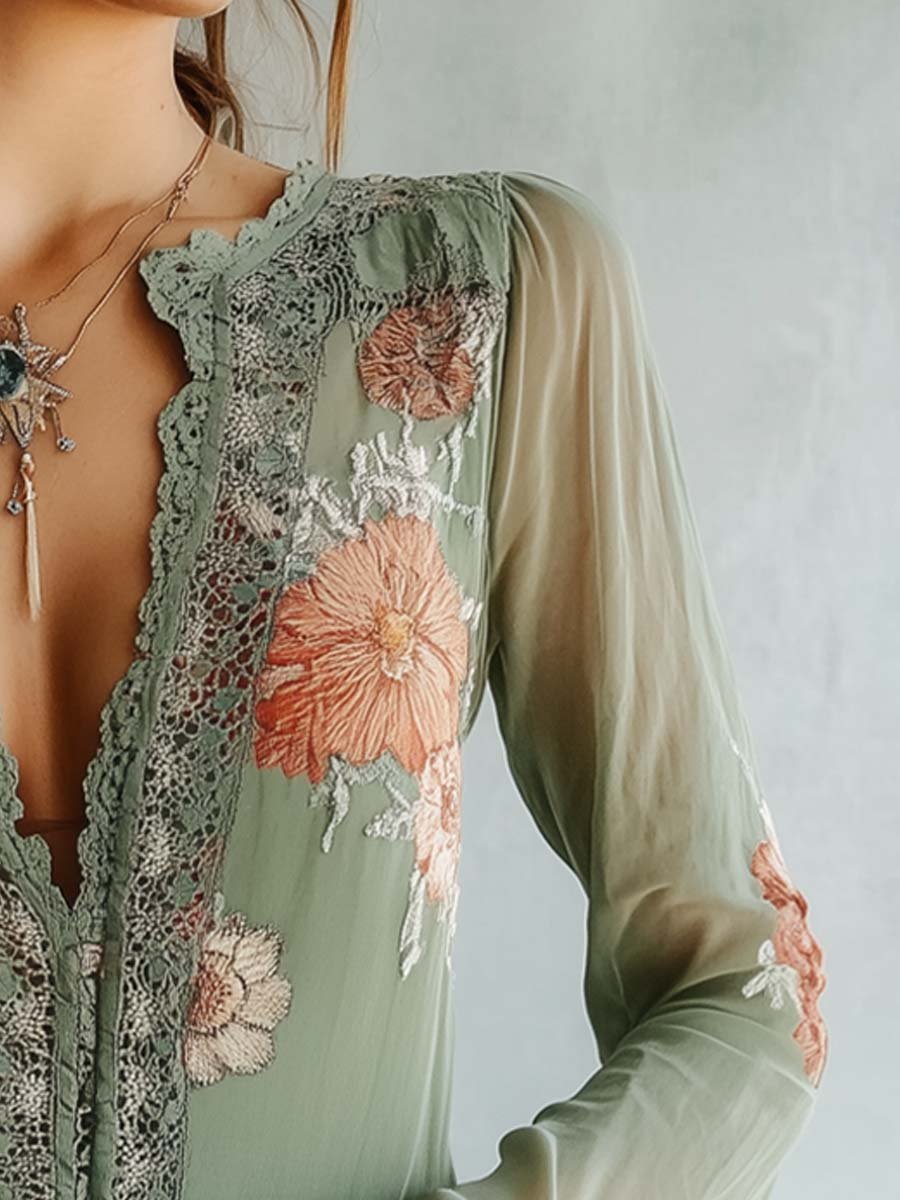 Aria | Floral Printed Bohemian Lace Blouse