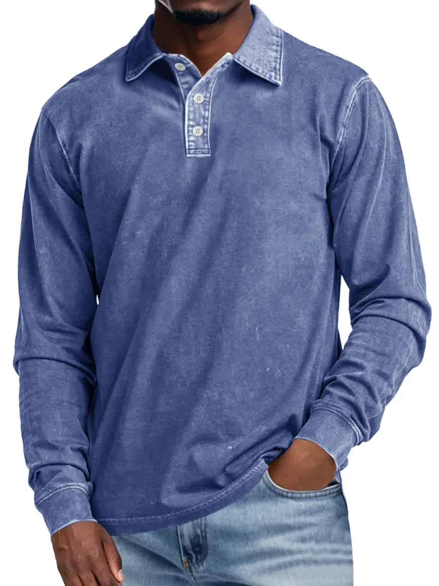 Vince | Men's Retro Lapel Button Casual Solid Colour Long Sleeve Polo Shirt