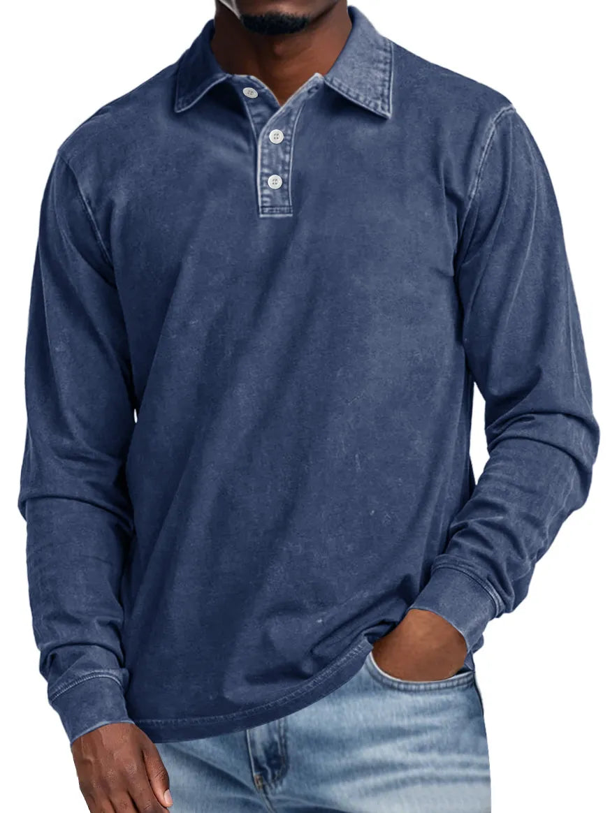Vince | Men's Retro Lapel Button Casual Solid Colour Long Sleeve Polo Shirt
