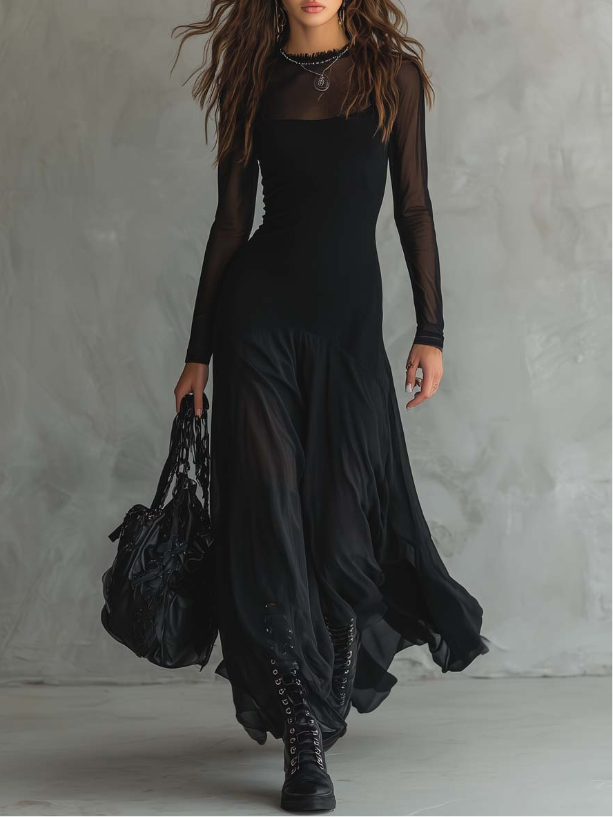Neroa | Maxi Dress from Black Tulle in Relaxed Fit