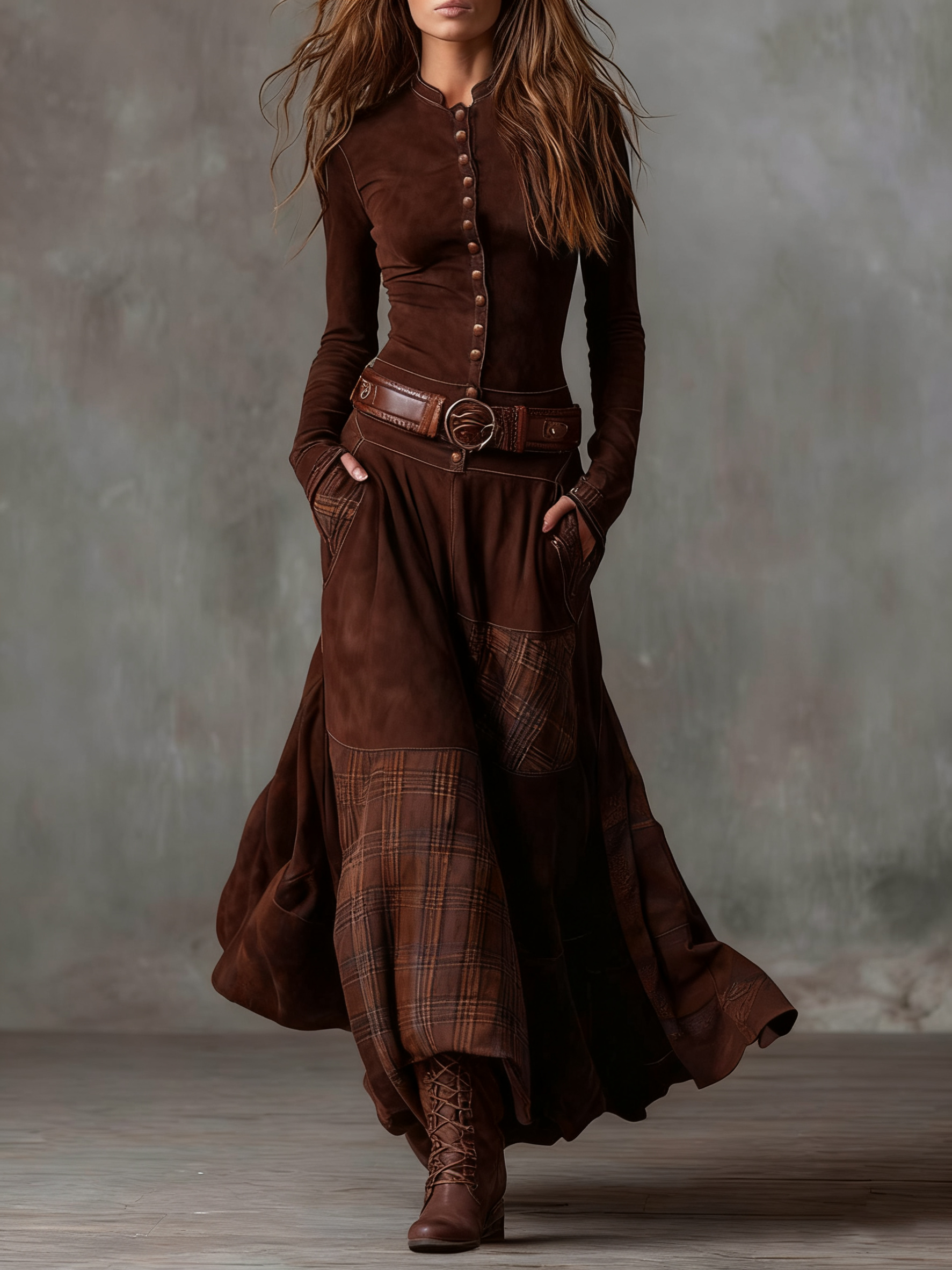 Leonora | Long Vintage Dress from Blue Checked Suede (including Belt)