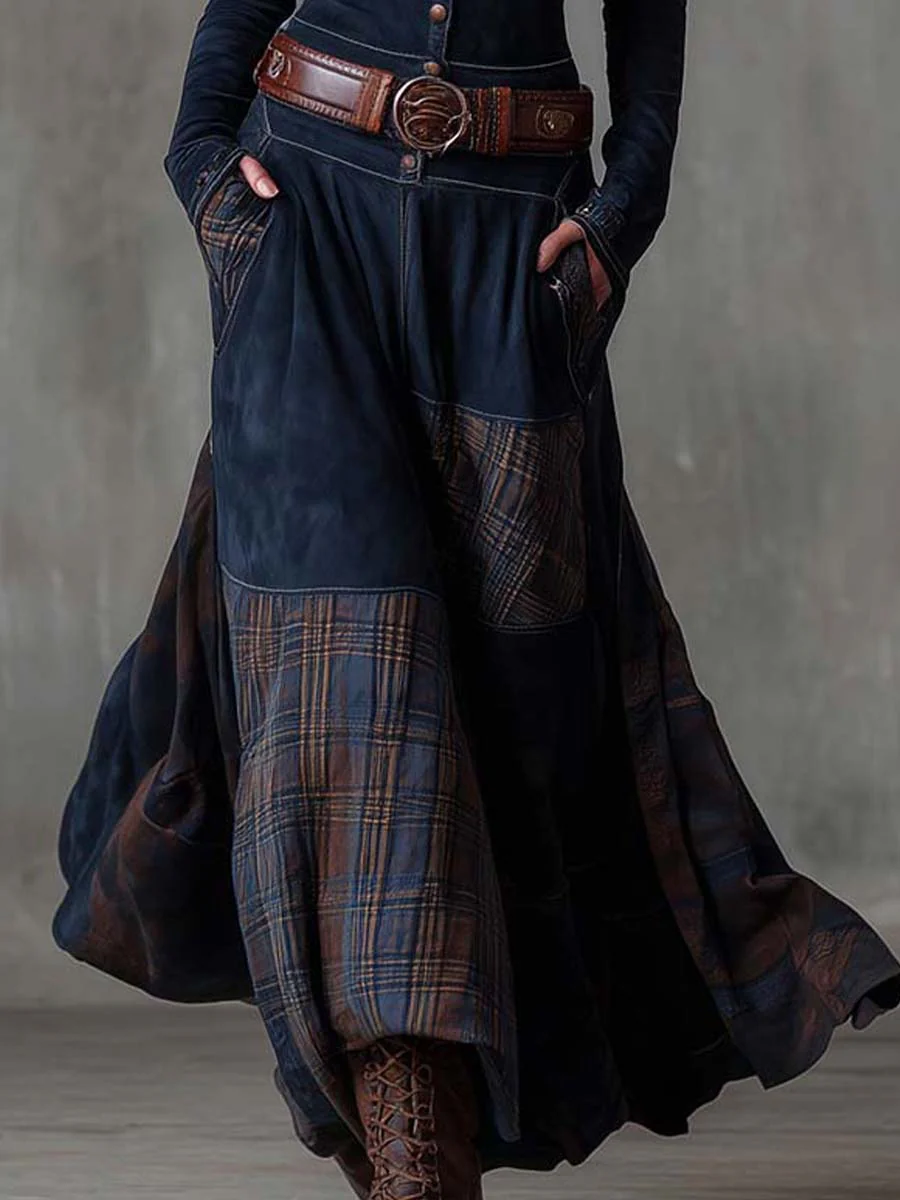 Leonora | Long Vintage Dress from Blue Checked Suede (including Belt)