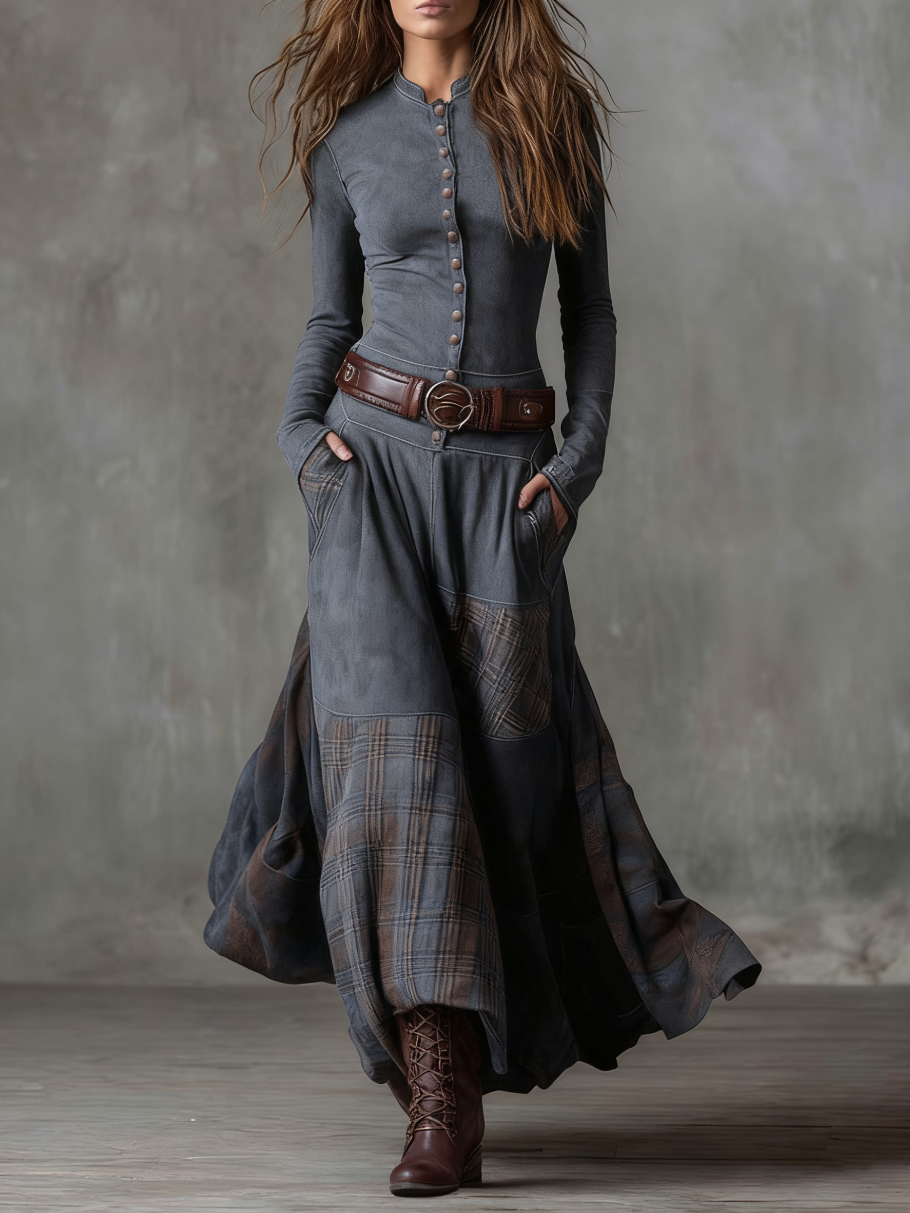 Leonora | Long Vintage Dress from Blue Checked Suede (including Belt)