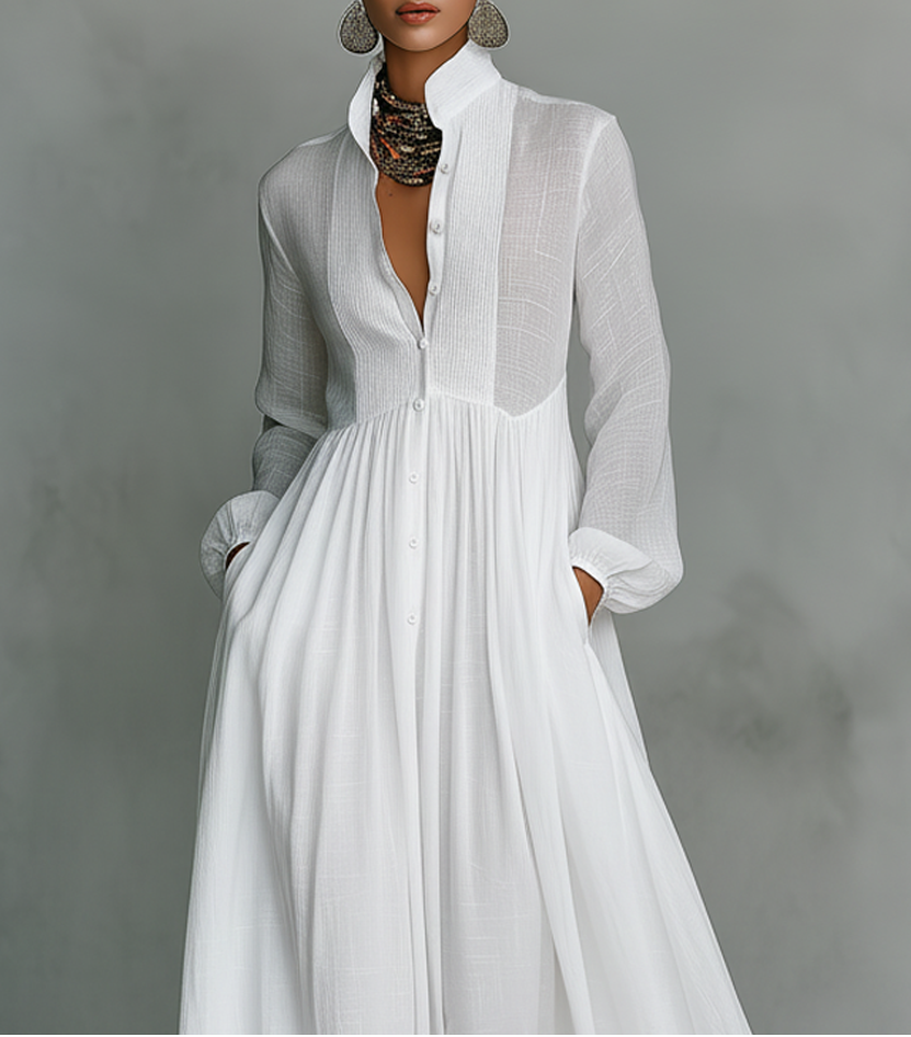 Elindra | Maxi Dress in Minimalist Style with Patchwork, High Collar and Long Sleeves