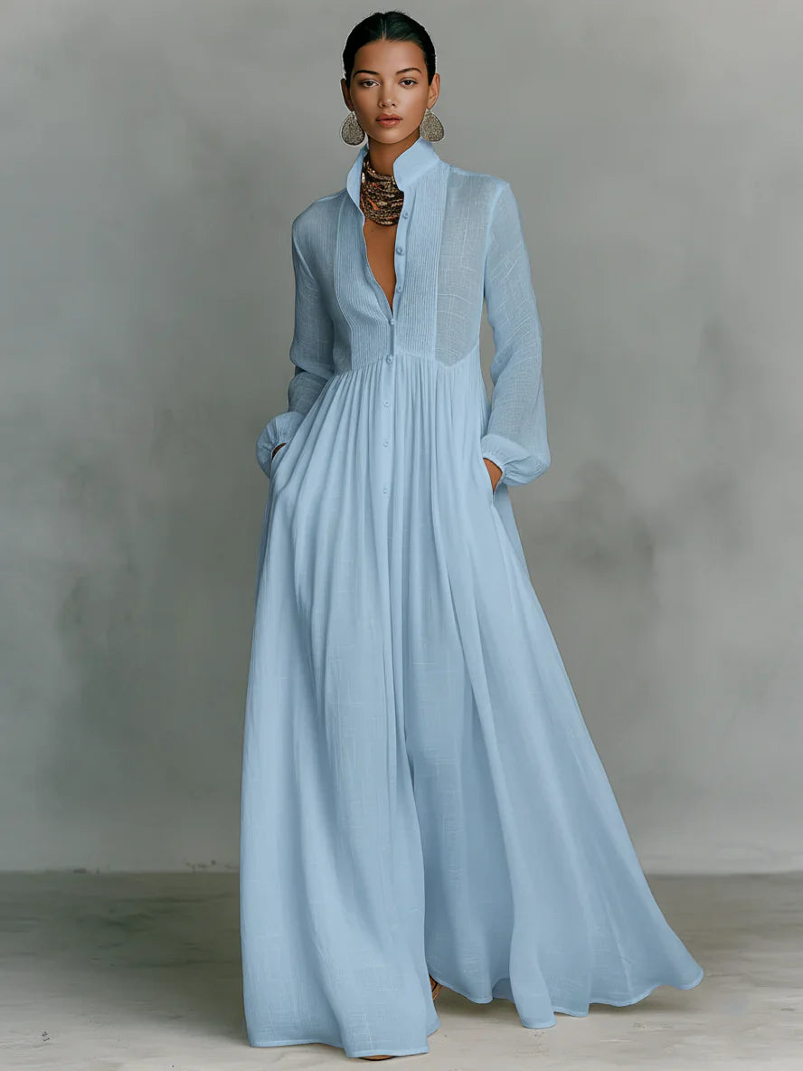 Elindra | Maxi Dress in Minimalist Style with Patchwork, High Collar and Long Sleeves