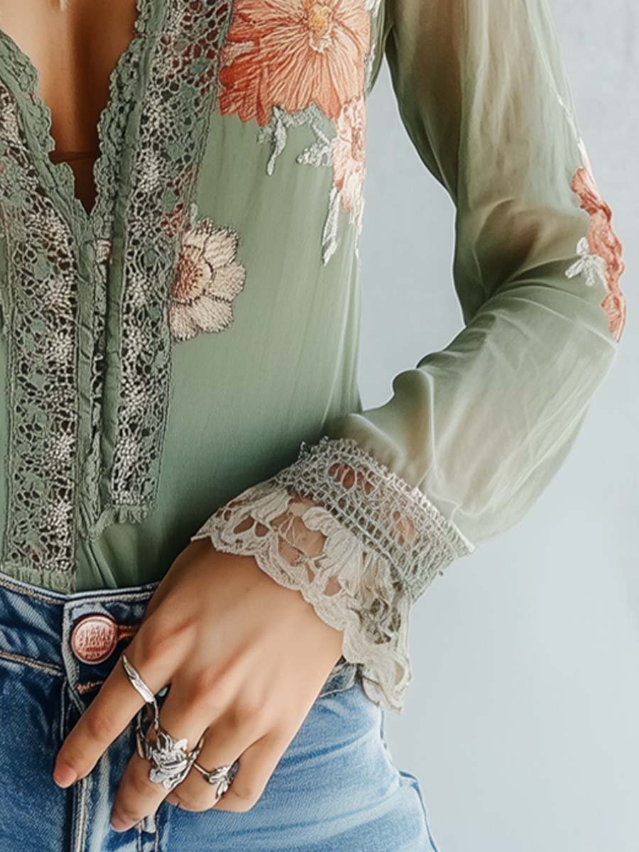 Aria | Floral Printed Bohemian Lace Blouse